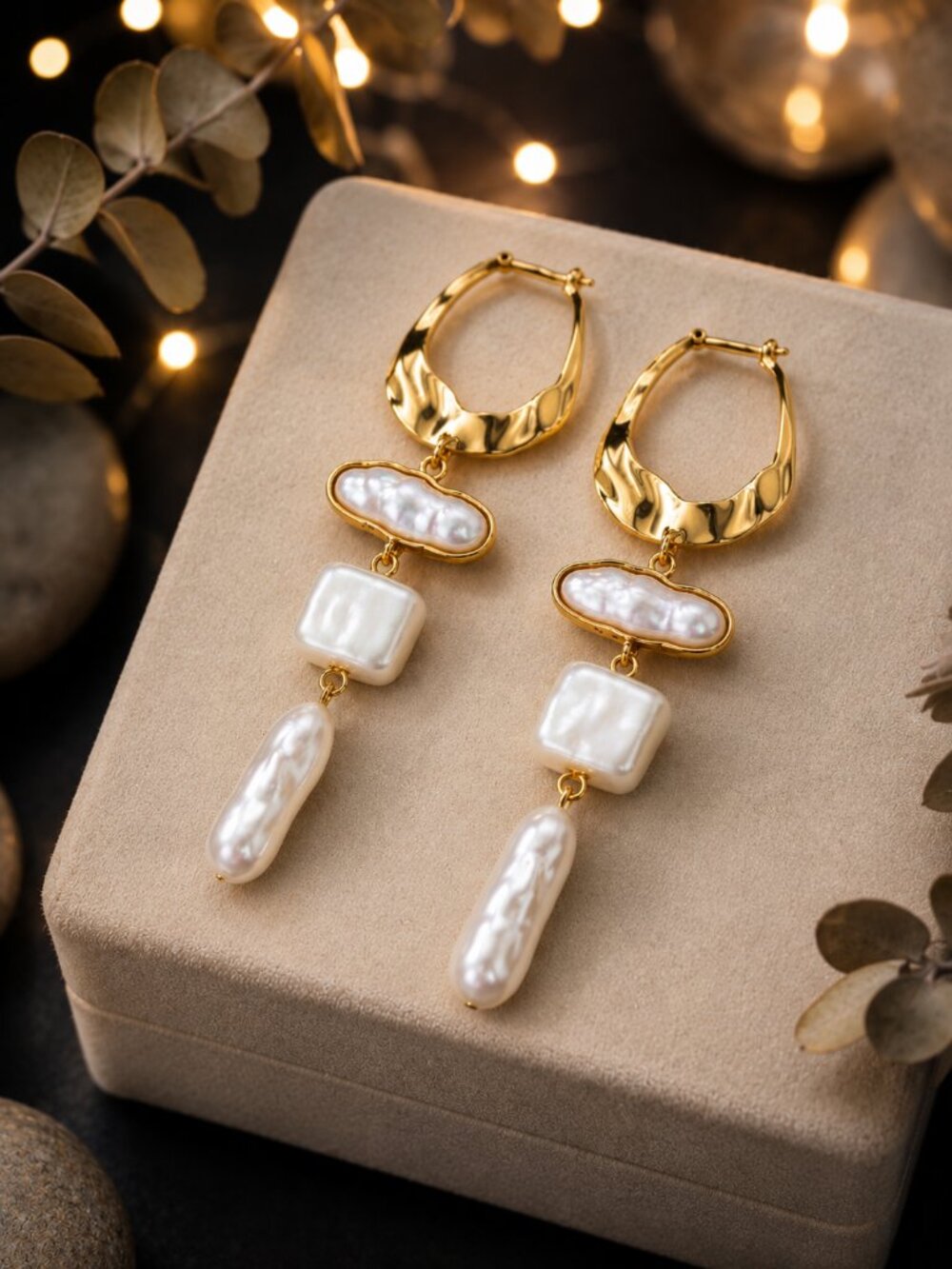 Gold Faux Baroque Pearl Drop Statement Earrings Hammered Hoop Boho Chic 4"